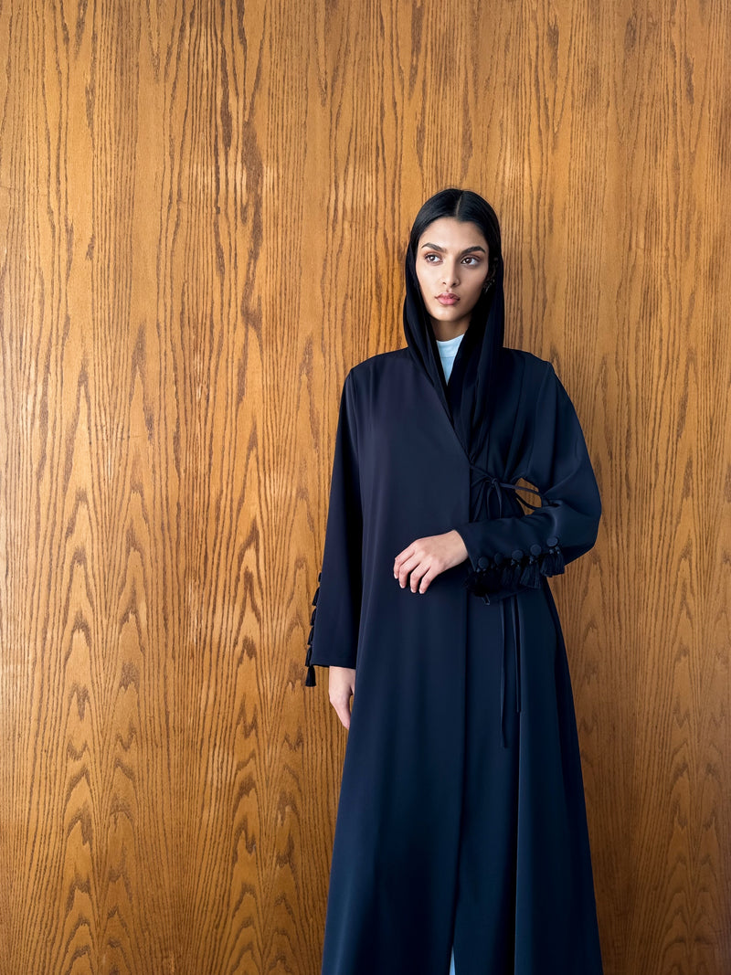 V High Neck Overlap Abaya - Buttons With Tussels