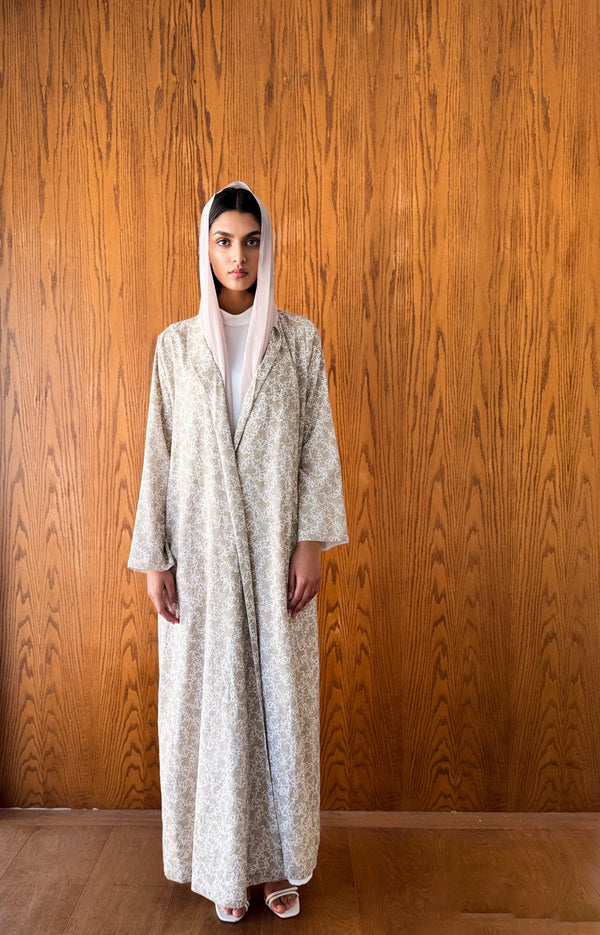 Zainah Cut Abaya - New Off White Printed Cotton