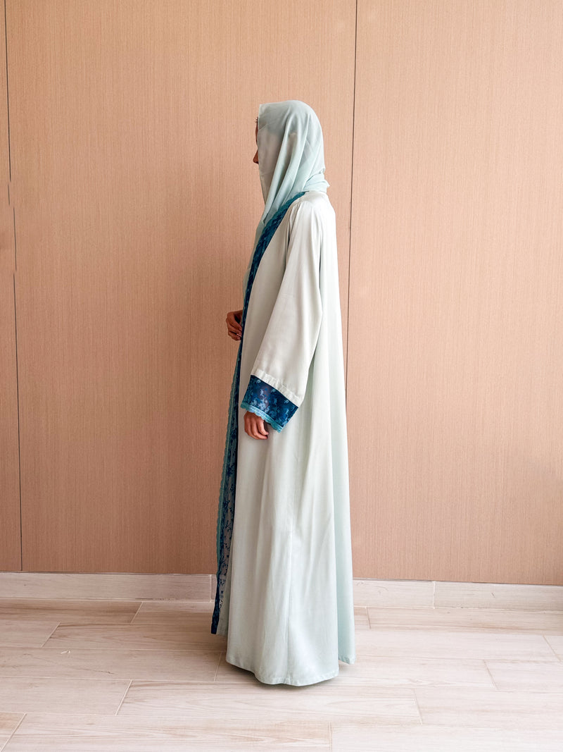 Straight Cut Baby blue Abaya in Silk With Blue Net Lace