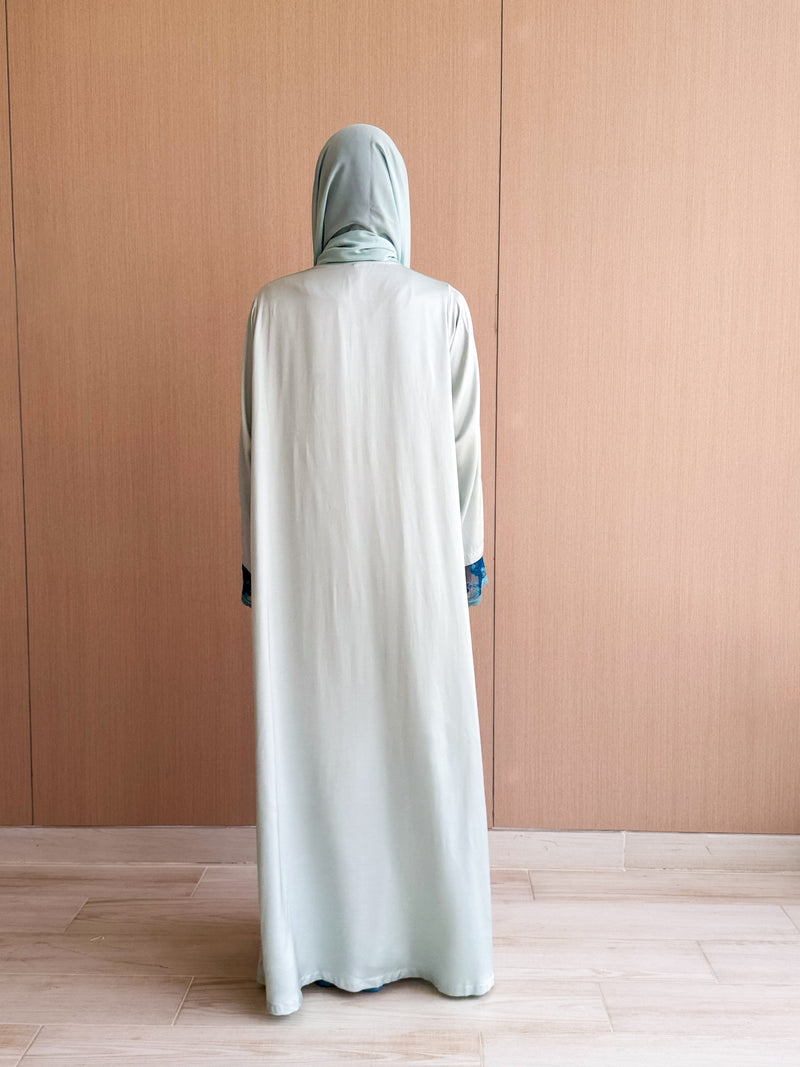 Straight Cut Baby blue Abaya in Silk With Blue Net Lace