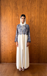 Round Neck Abaya - Tie Rope on Front With Navy Blue Dantil Lace