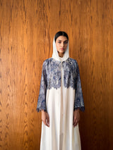 Round Neck Abaya - Tie Rope on Front With Navy Blue Dantil Lace