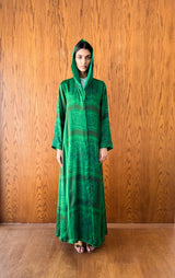 V Neck Abaya With Tie Rope on Front Green and Brown Mix Color