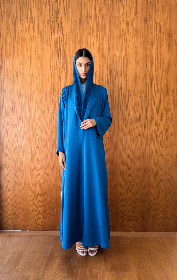 Zainah Cut Abaya With Blue Floral Self Embossed Silk