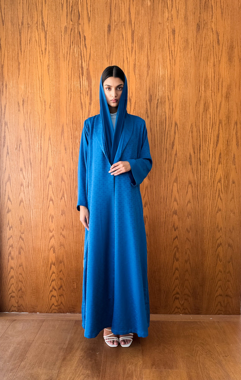 Zainah Cut Abaya With Blue Floral Self Embossed Silk