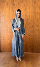 V Neck Abaya - Green Flower Lace on Front and Sleeves