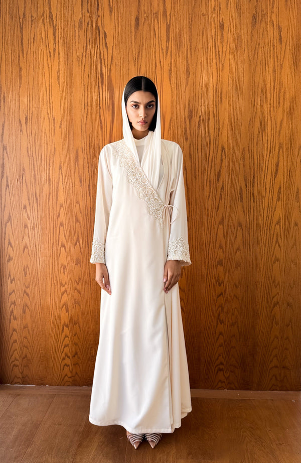 V Neck Overlap Abaya - Feather Dantil Lace Triangle