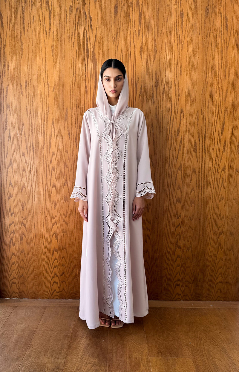 V Neck Abaya With Curvy Laser Cut emb.on Front and Sleeves