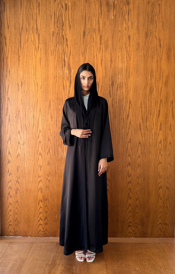 V Neck Abaya - Black Moroccan Lace on Front Cuff