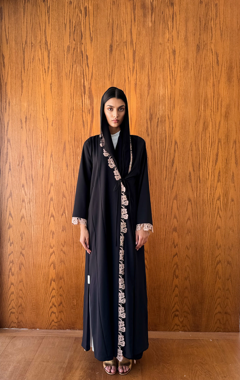 V Neck Overlap Abaya - Light Brown Crochet Lace