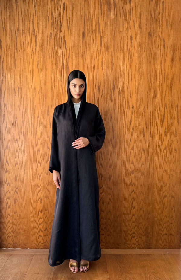 V Neck Abaya - Black Moroccan Lace on Front and Sleeves