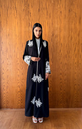 V Neck Abaya - Silver Moroccan Lace on Front and Sleeves