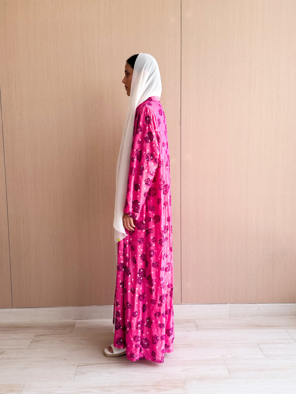 Zainah Cut Abaya Glitter Chiffon Floral Printed Magenta Pink