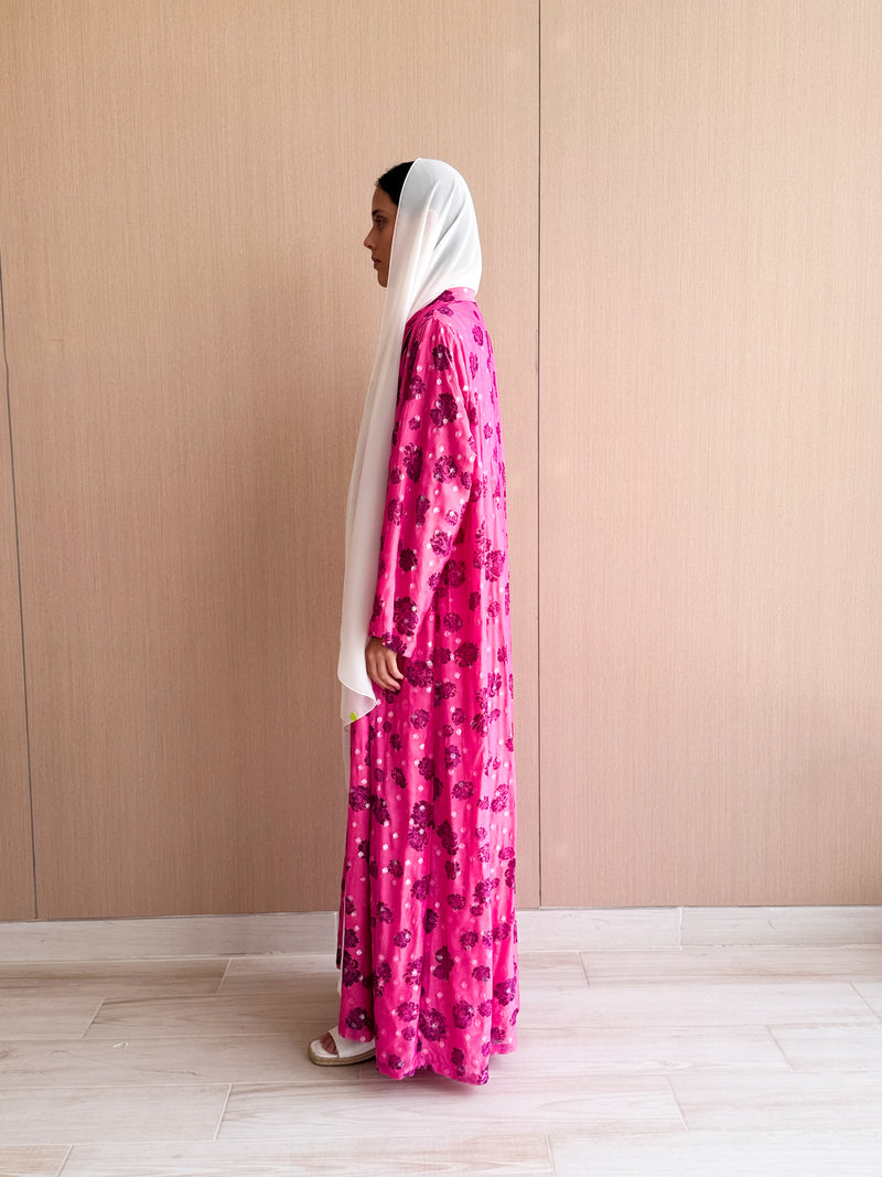 Zainah Cut Abaya Glitter Chiffon Floral Printed Magenta Pink