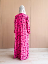 Zainah Cut Abaya Glitter Chiffon Floral Printed Magenta Pink
