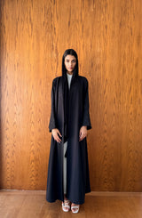 Round Neck Abaya - Black Emb. Lace on Neck Line and Sleeves