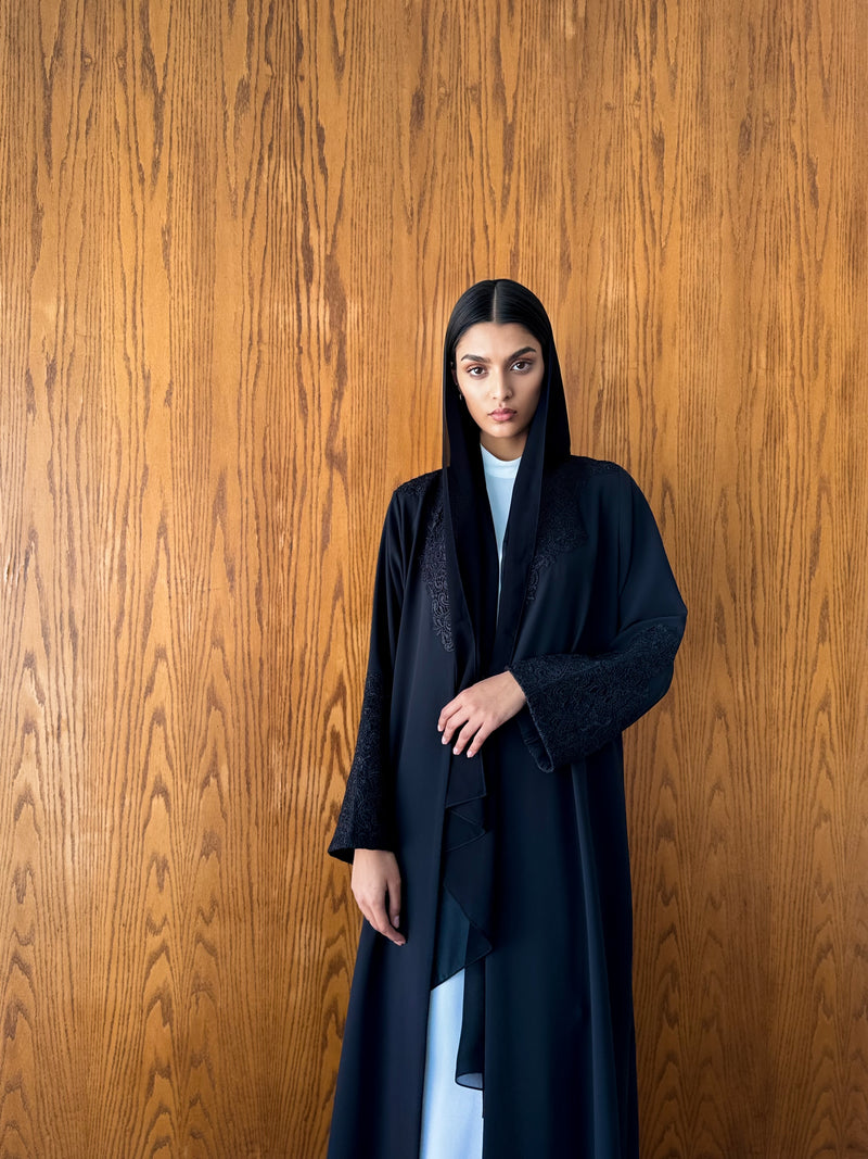 Round Neck Abaya - Black Emb. Lace on Neck Line and Sleeves