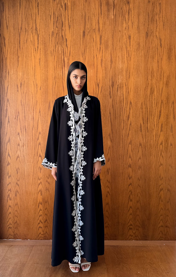 V Neck Abaya - Off White Curve Emb on Front and Sleeves
