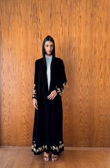 V neck abaya with border on neck line and beads works