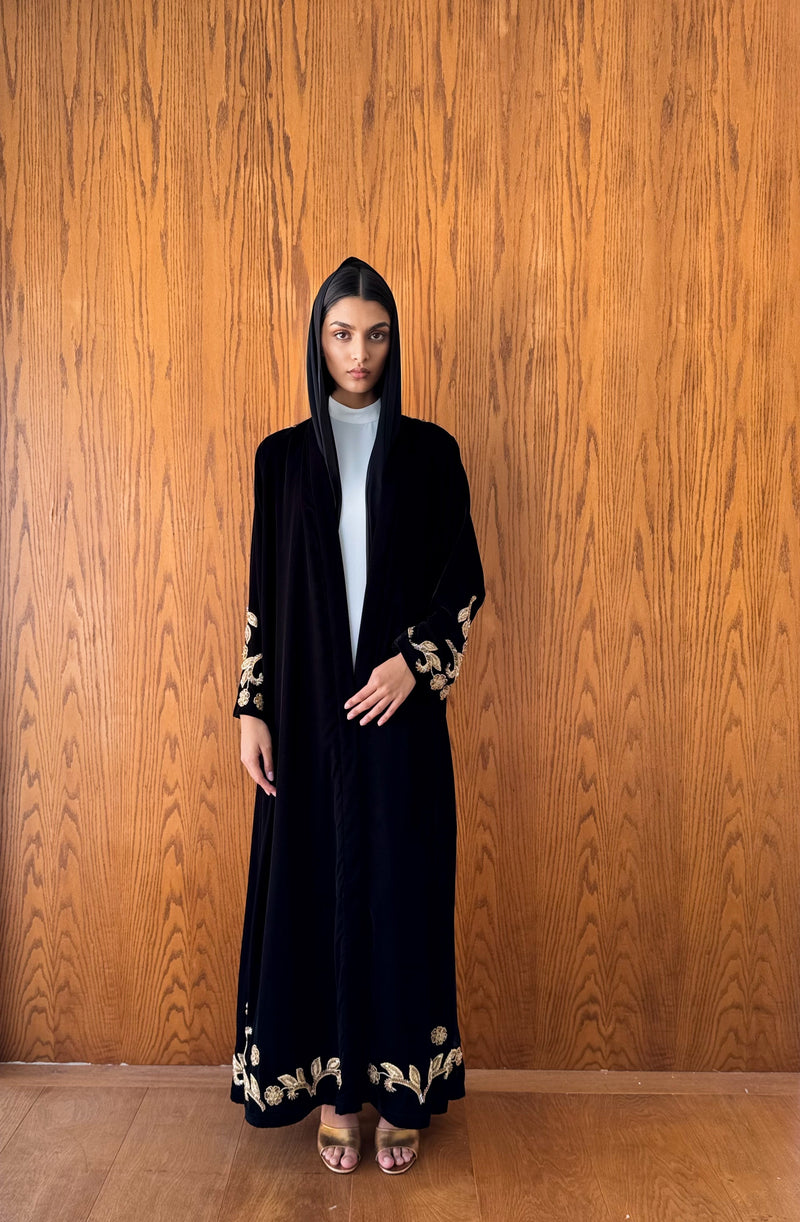 V neck abaya with border on neck line and beads works