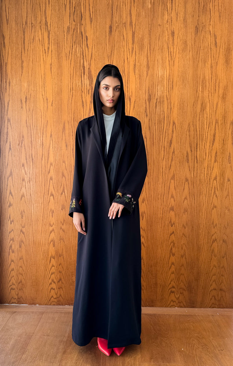 Round Neck Black Abaya - Mixed Colour Emb. Square Texture