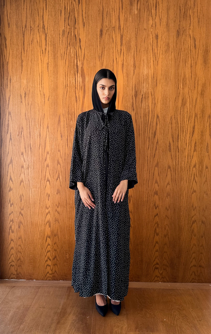 Round Neck Black Bish Cut Abaya - Tie Rope on Front