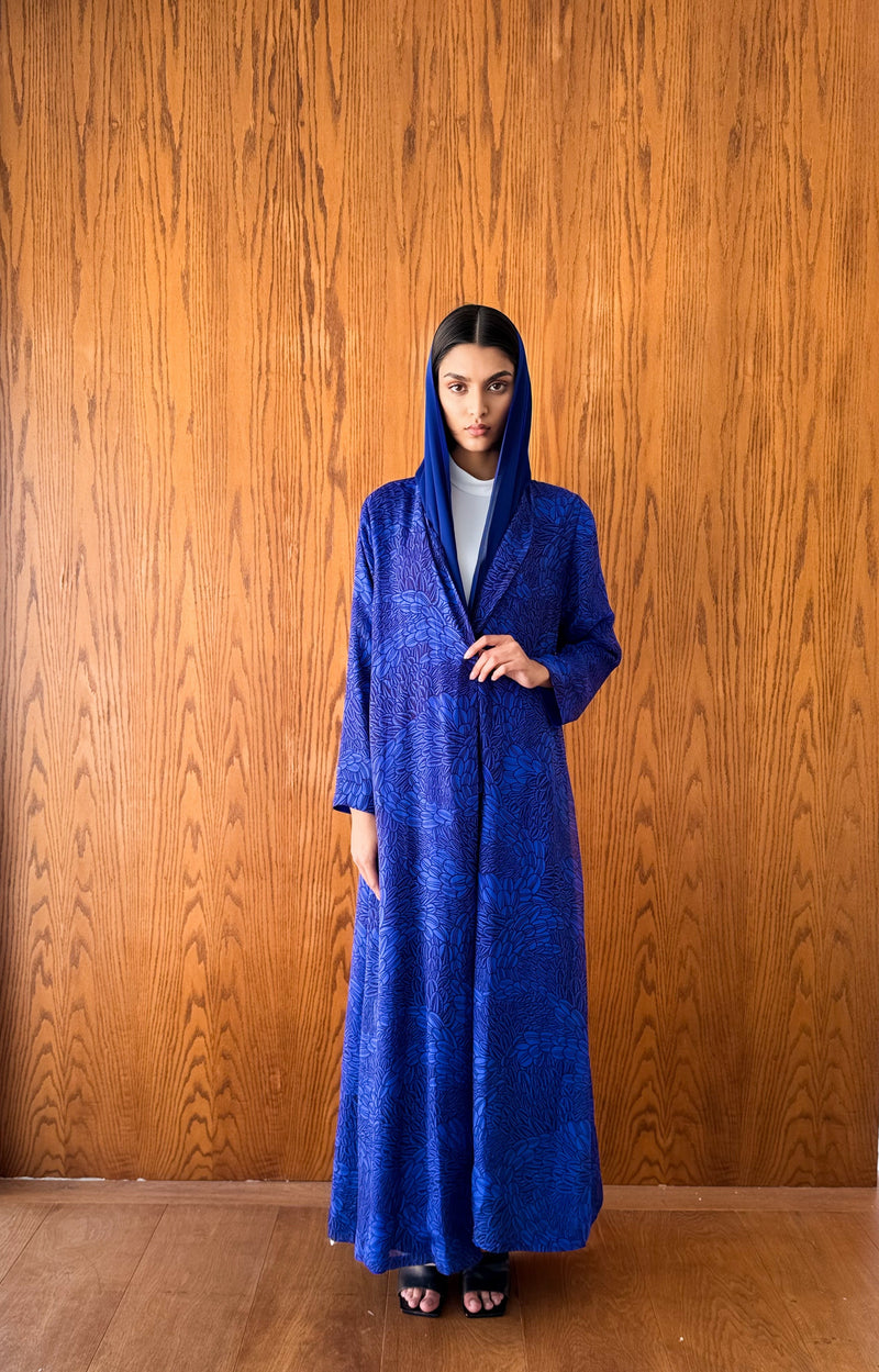 V Neck Abaya - Blue With Black Mixed Colour - Pure Silk