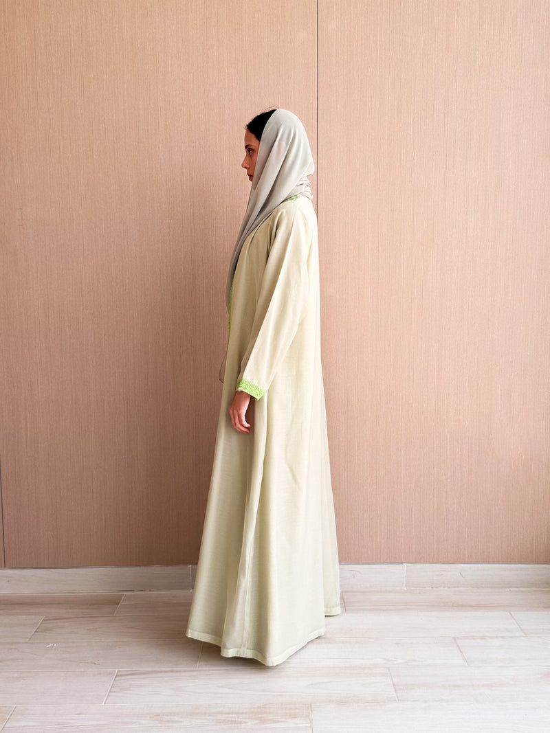 V Neck Straight Cut Abaya - Green Light Glitter Soft Cotton