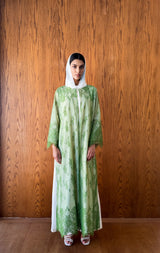 Round Neck Abaya - Tie Rope on Front - Green Dantil Lace