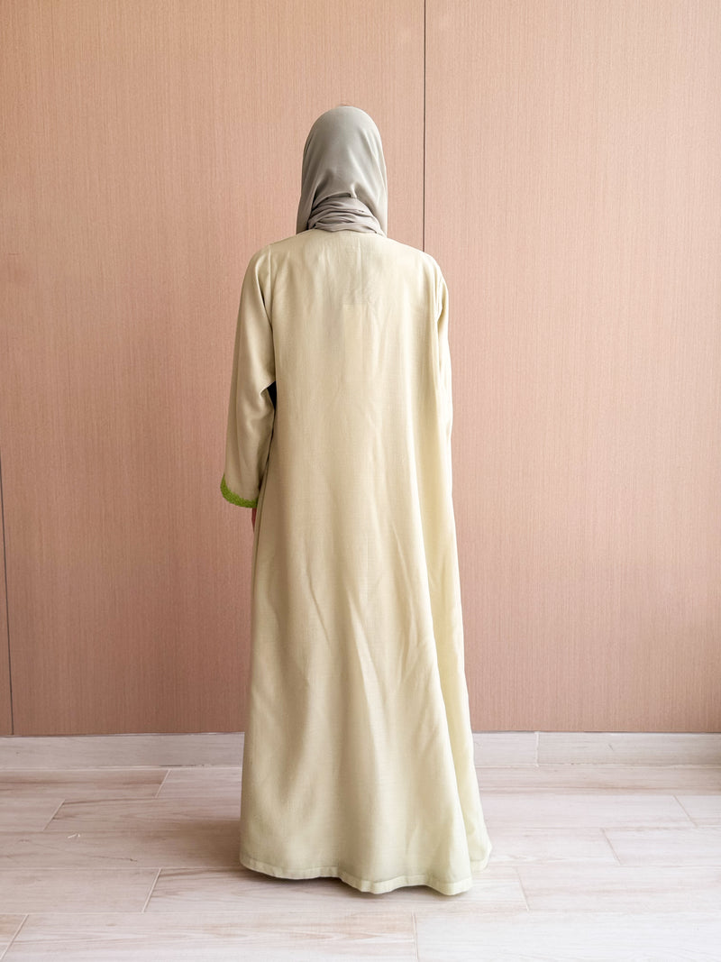 V Neck Straight Cut Abaya - Green Light Glitter Soft Cotton