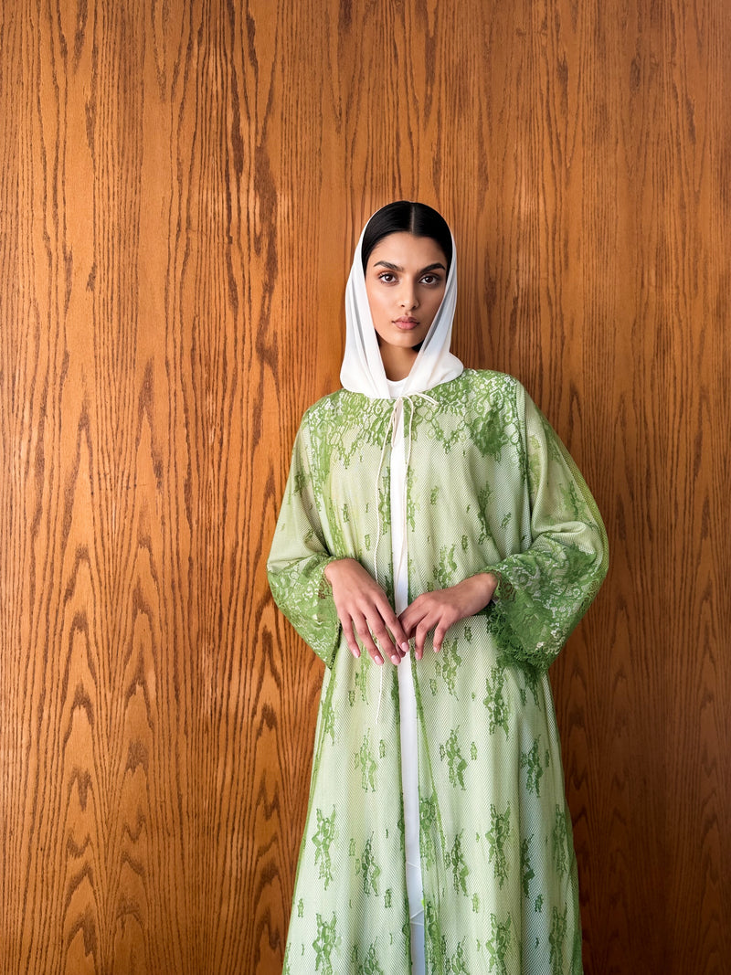 Round Neck Abaya - Tie Rope on Front - Green Dantil Lace