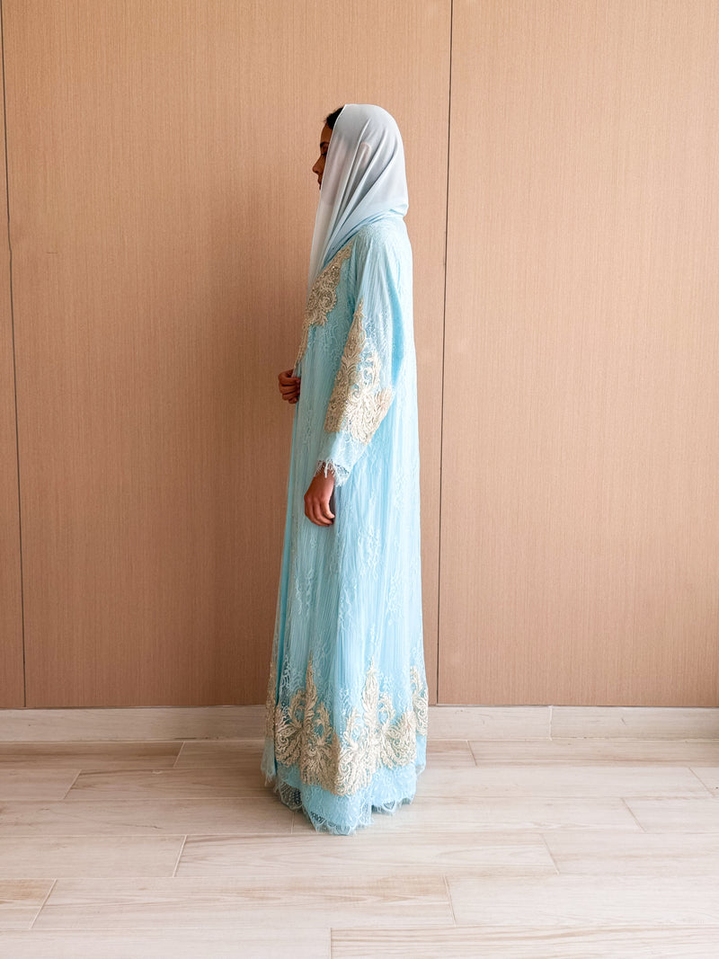 V-neck straight Cut abaya with cream bead lace