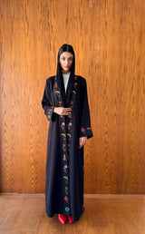 V Neck Black Abaya - Mixed Colour Emb. Square Texture