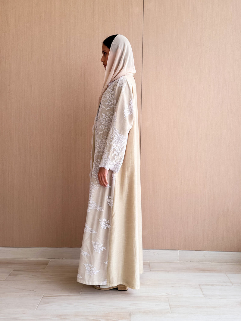 V Neck Straight Cut Abaya in Beige