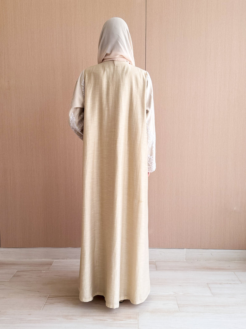 V Neck Straight Cut Abaya in Beige