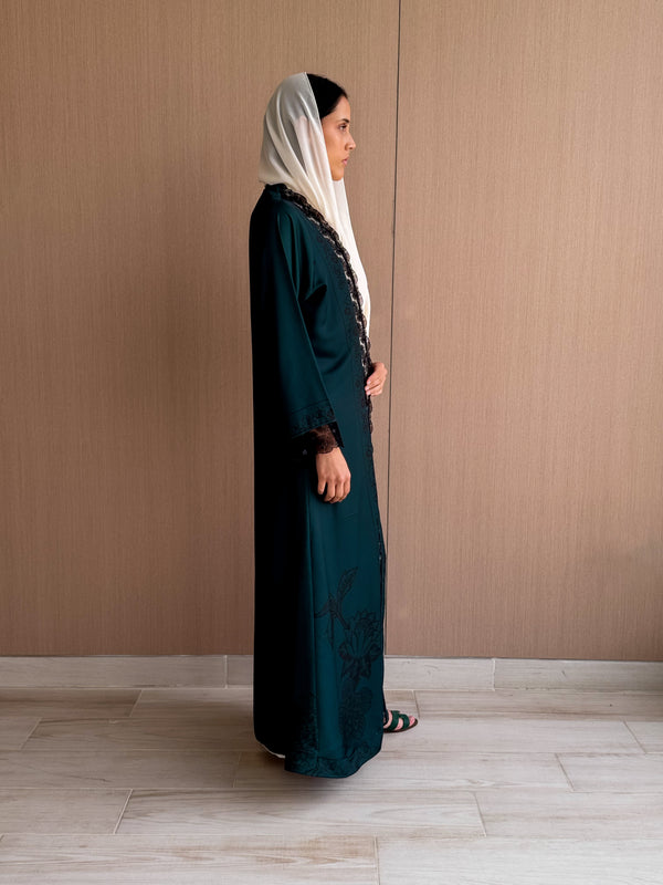 Straight Cut Abaya in Dark Green Digital Printed Floral
