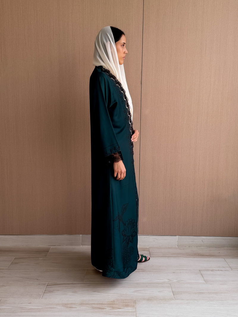 Straight Cut Abaya in Dark Green Digital Printed Floral