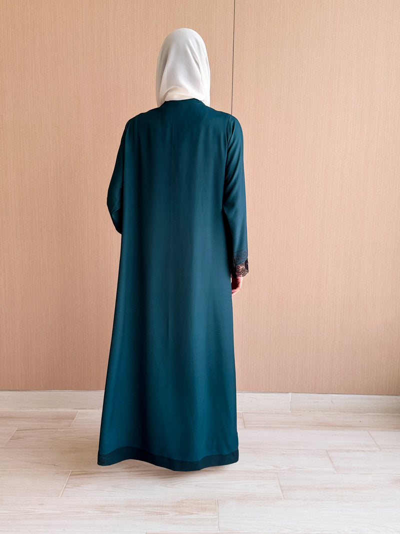 Straight Cut Abaya in Dark Green Digital Printed Floral