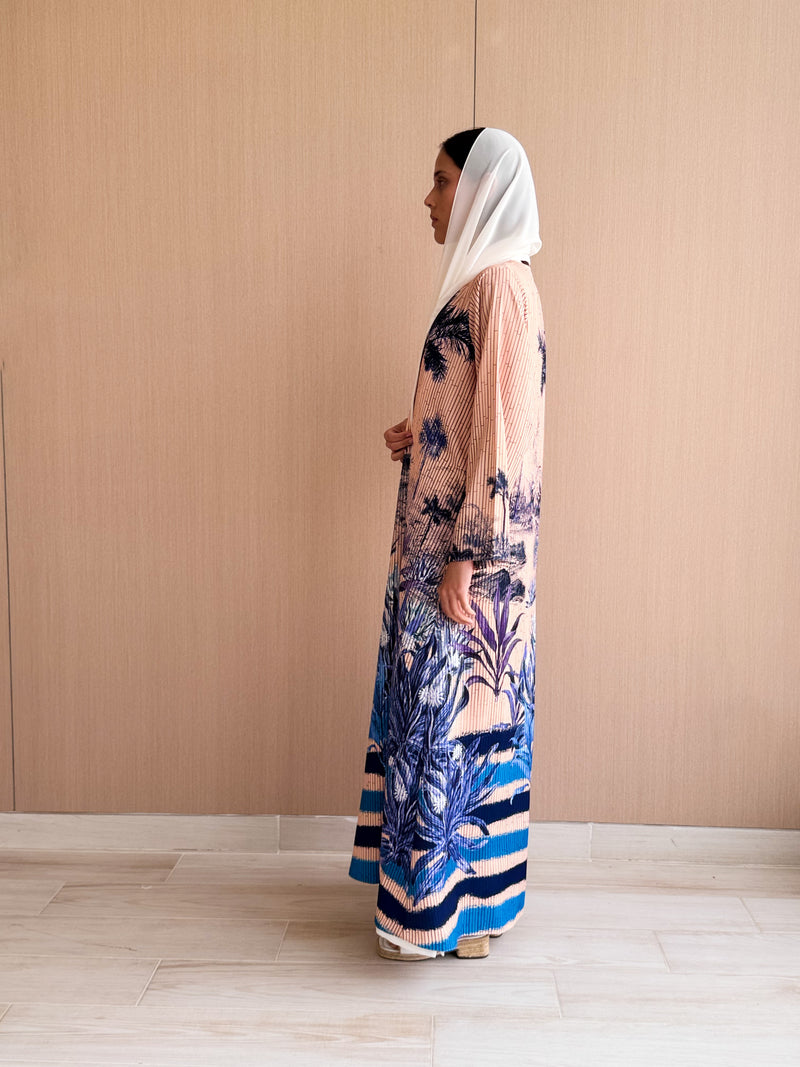 V Neck Straight Cut Abaya in Digital Palm Tree With Stripes