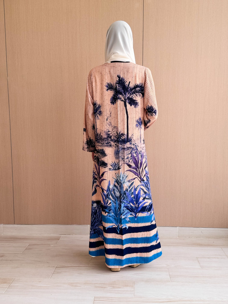V Neck Straight Cut Abaya in Digital Palm Tree With Stripes