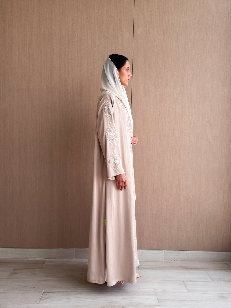 V Neck Abaya - Gold Bead Patch Flower Lace