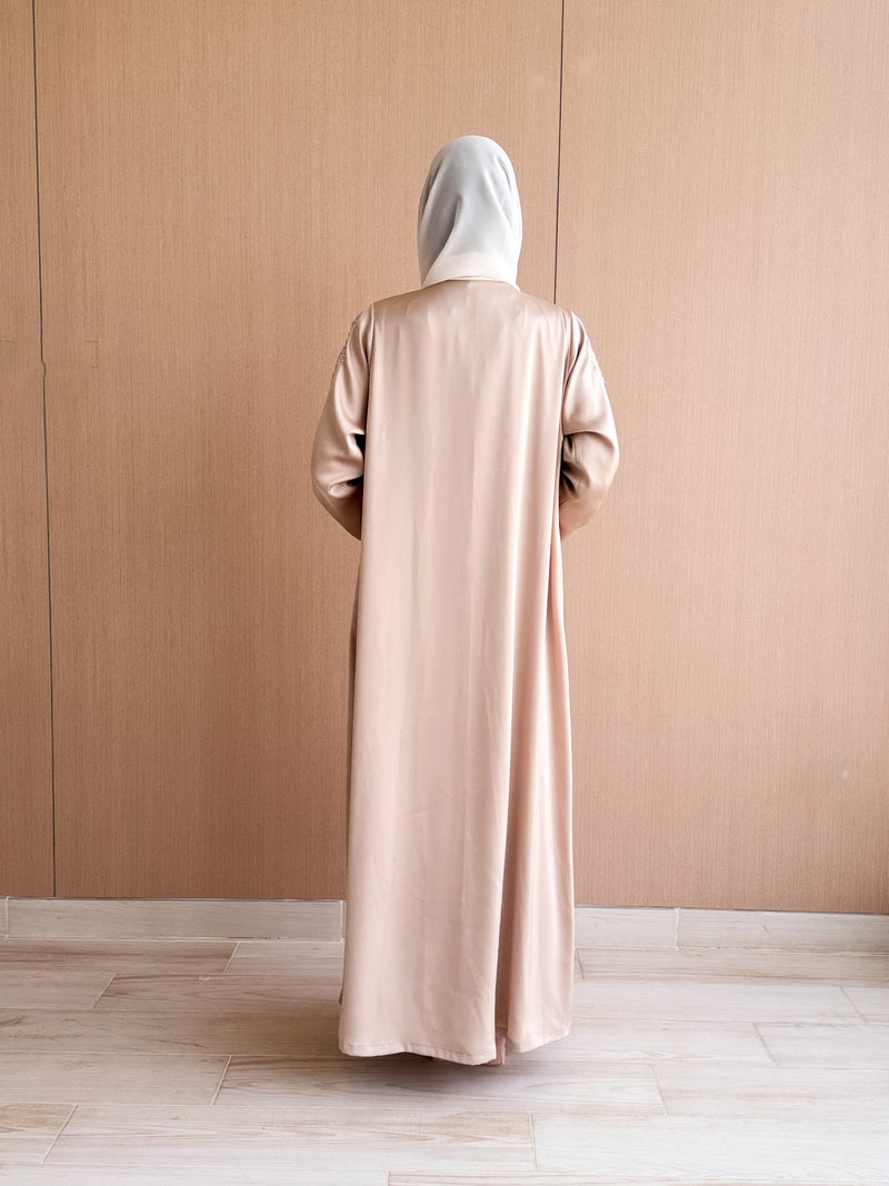 V Neck Abaya - Gold Bead Patch Flower Lace