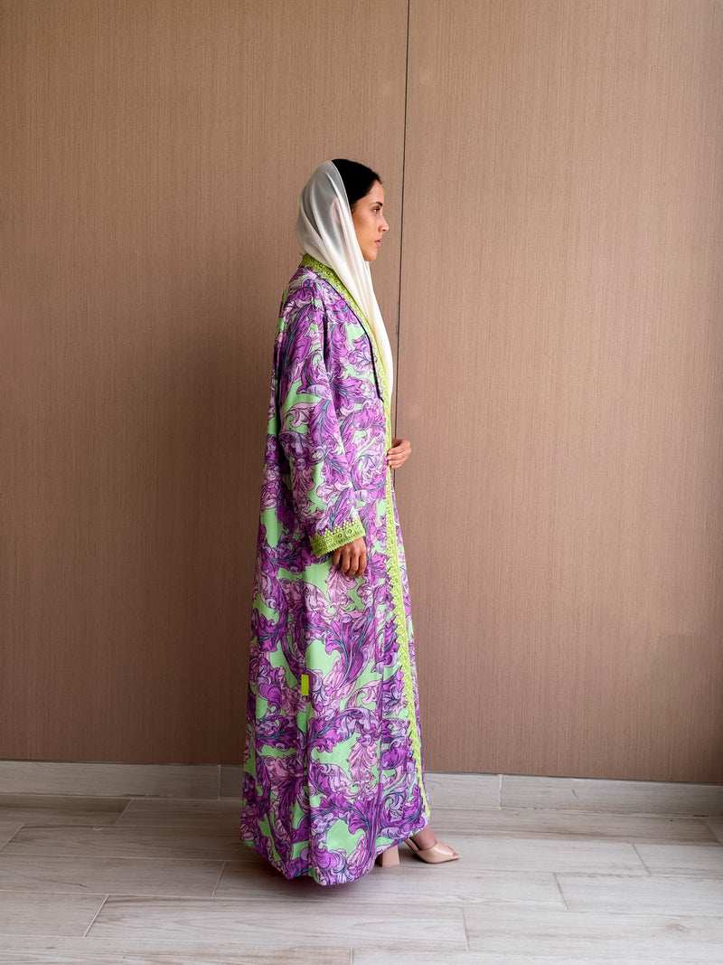 Straight Cut Abaya -Neon Green and Purple Mix Printed