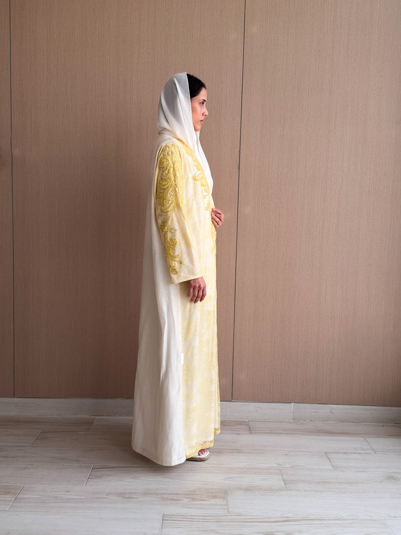 V Neck Abaya - Yellow Bead Work Lace