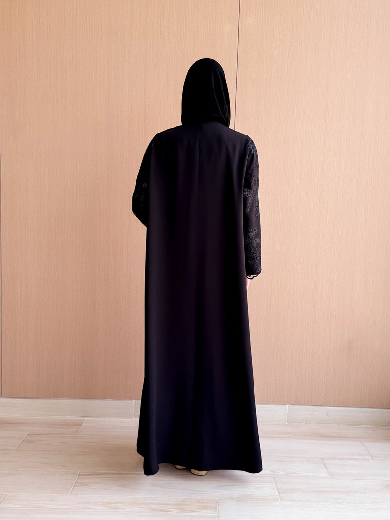 Straight Cut Black Abaya - Dantil Lace Panel