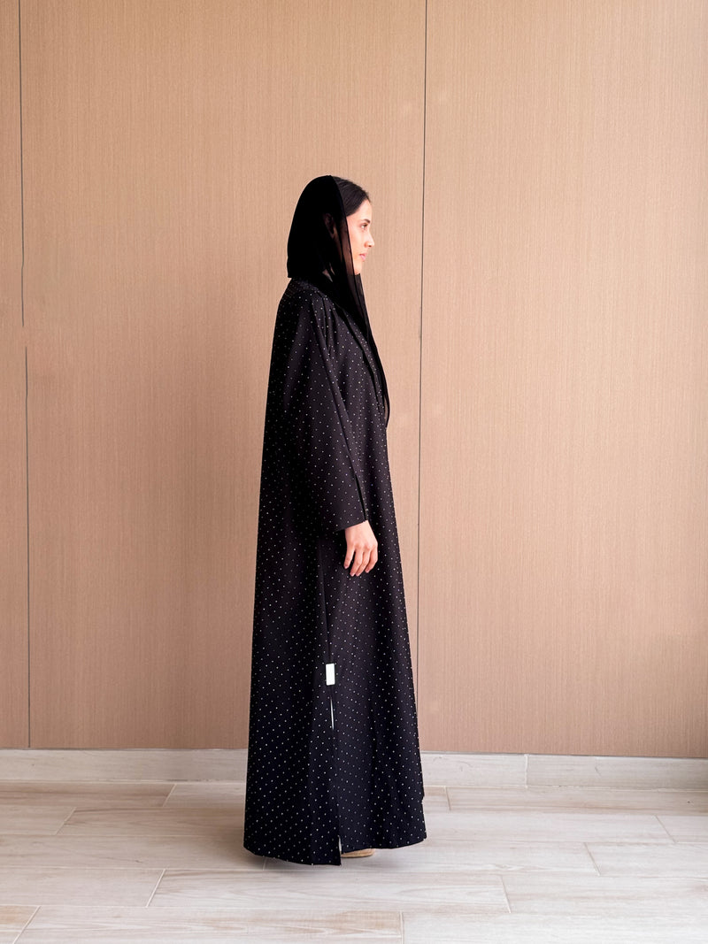 Round Neck Straight Cut- RETRO Silver Stones on Black Abaya