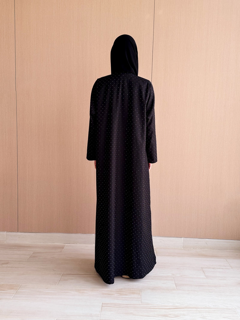 Round Neck Straight Cut- RETRO Silver Stones on Black Abaya