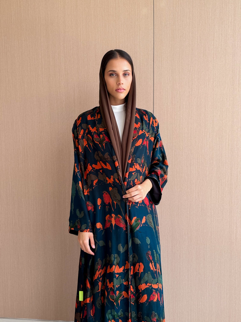 Zainah Cut Abaya in Dark Green Birds Print Texture Pure Silk