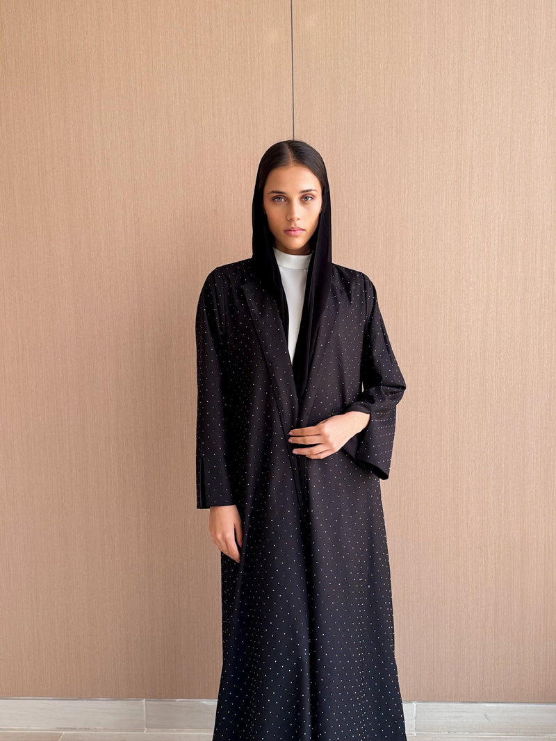 Round Neck Straight Cut- RETRO Silver Stones on Black Abaya
