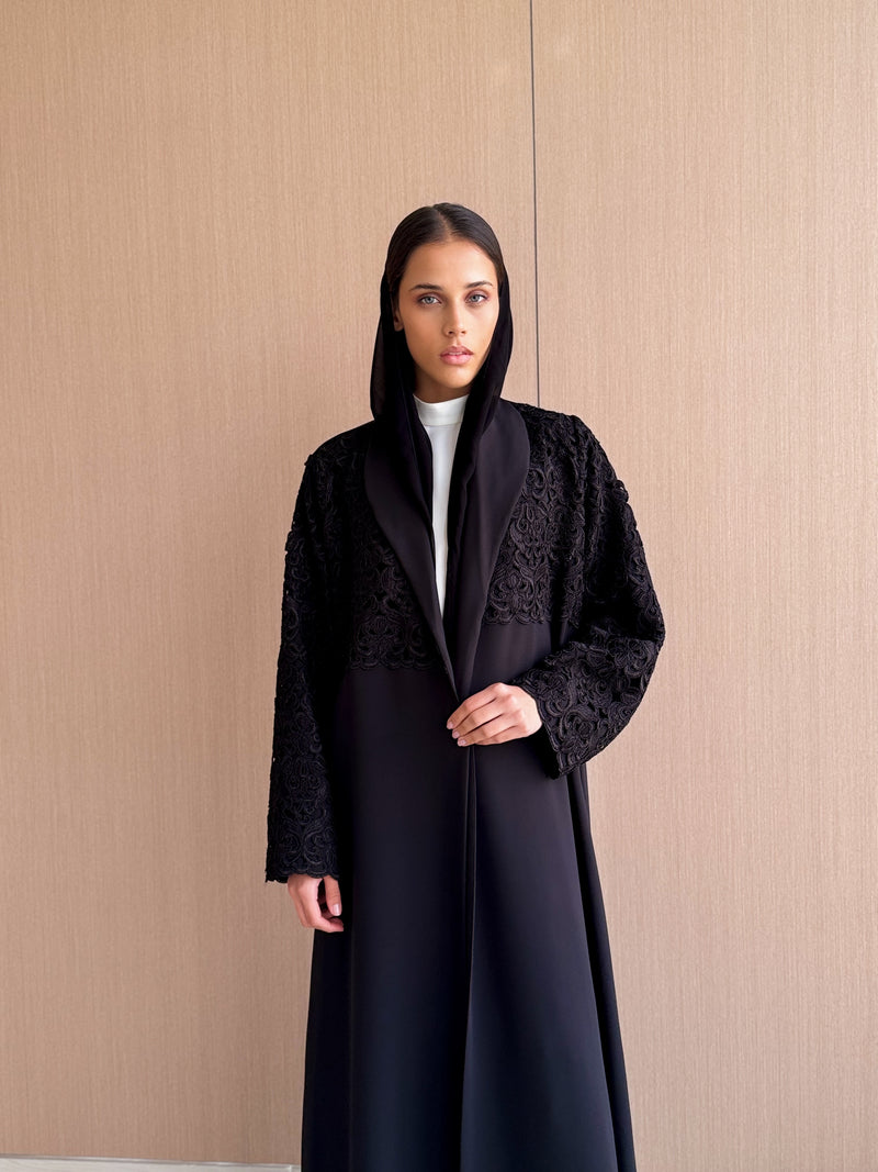 Straight Cut Black Abaya - Dantil Lace Panel